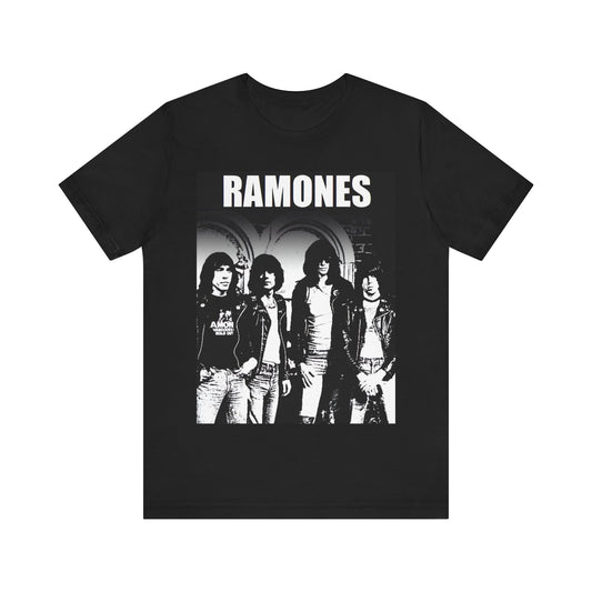 A black graphic t-shirt featuring a graphic of the Ramones as punk rock pioneers.