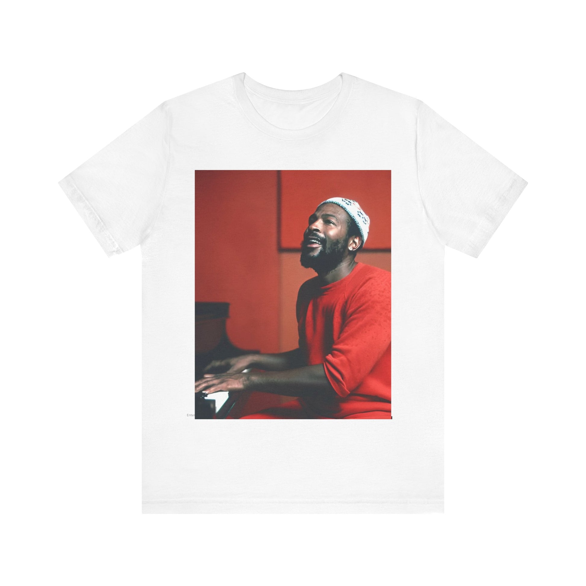 A black graphic t-shirt featuring a graphic of Marvin Gaye with a piano.