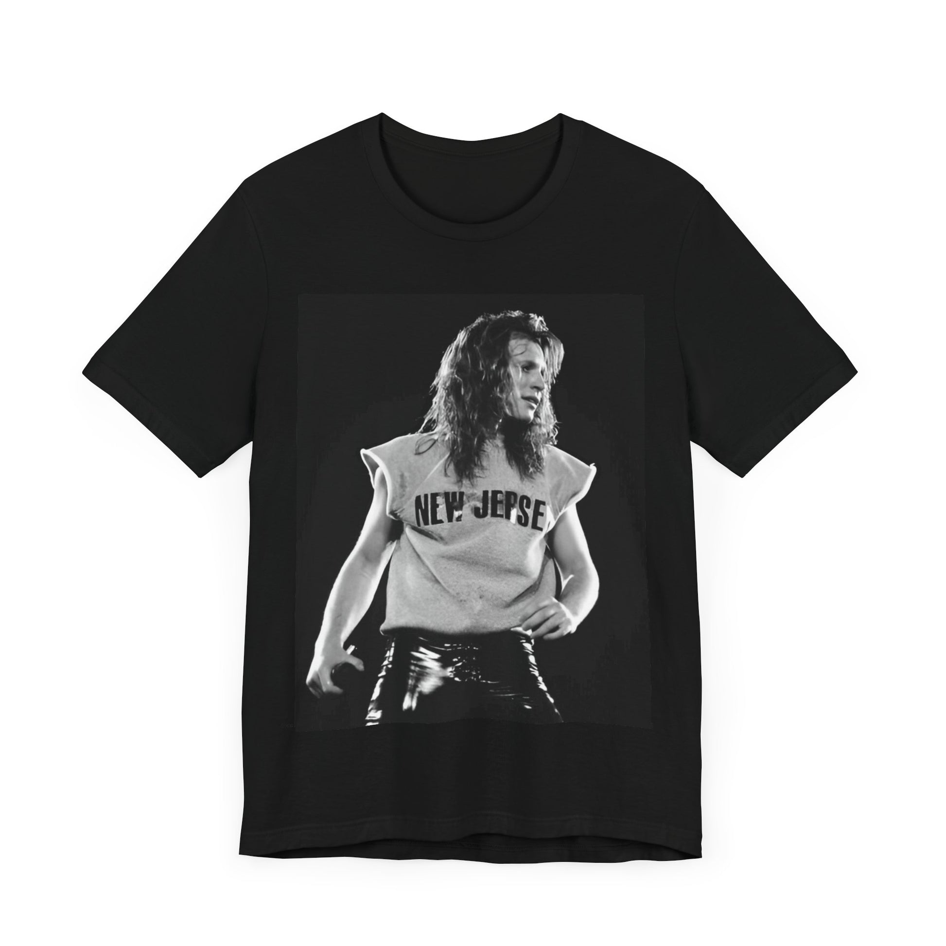 A black graphic t-shirt featuring a vintage graphic related to Bon Jovi's 'New Jersey' album or era.