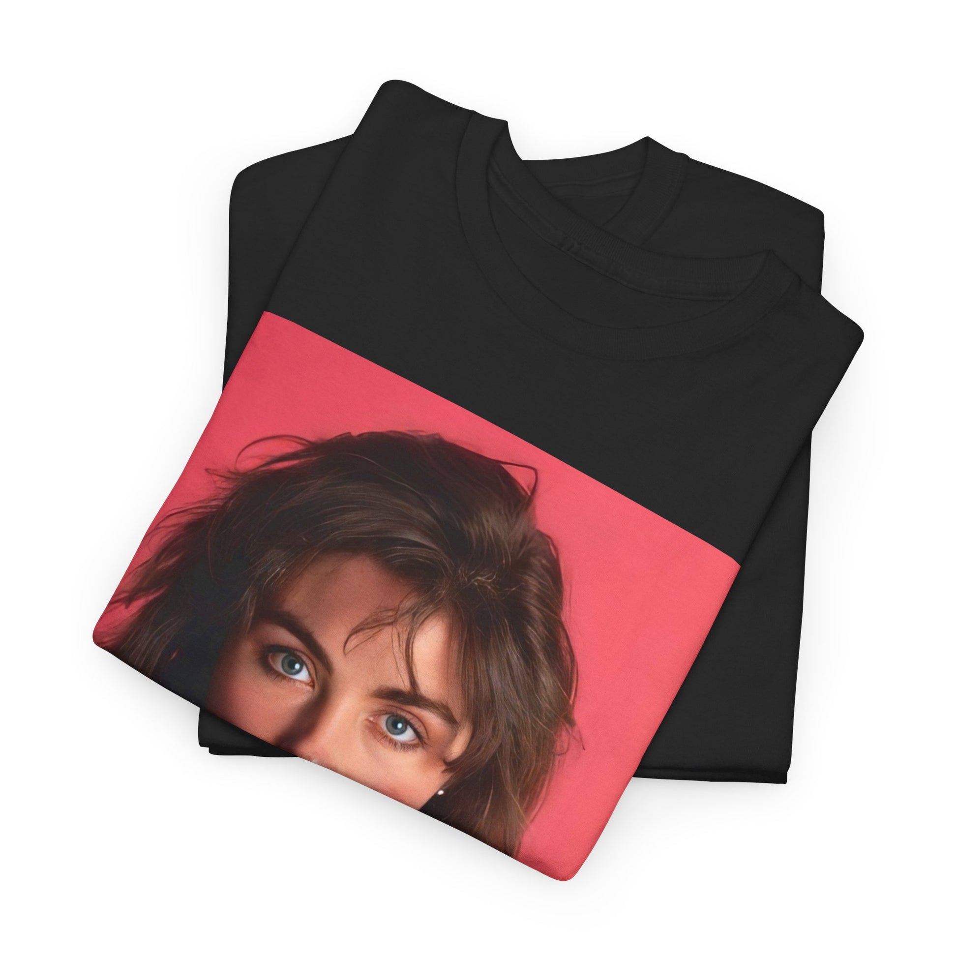A black graphic t-shirt featuring a vintage 80s pop diva graphic of Laura Branigan.