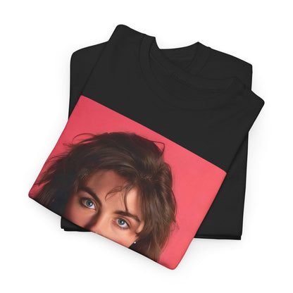 A black graphic t-shirt featuring a vintage 80s pop diva graphic of Laura Branigan.