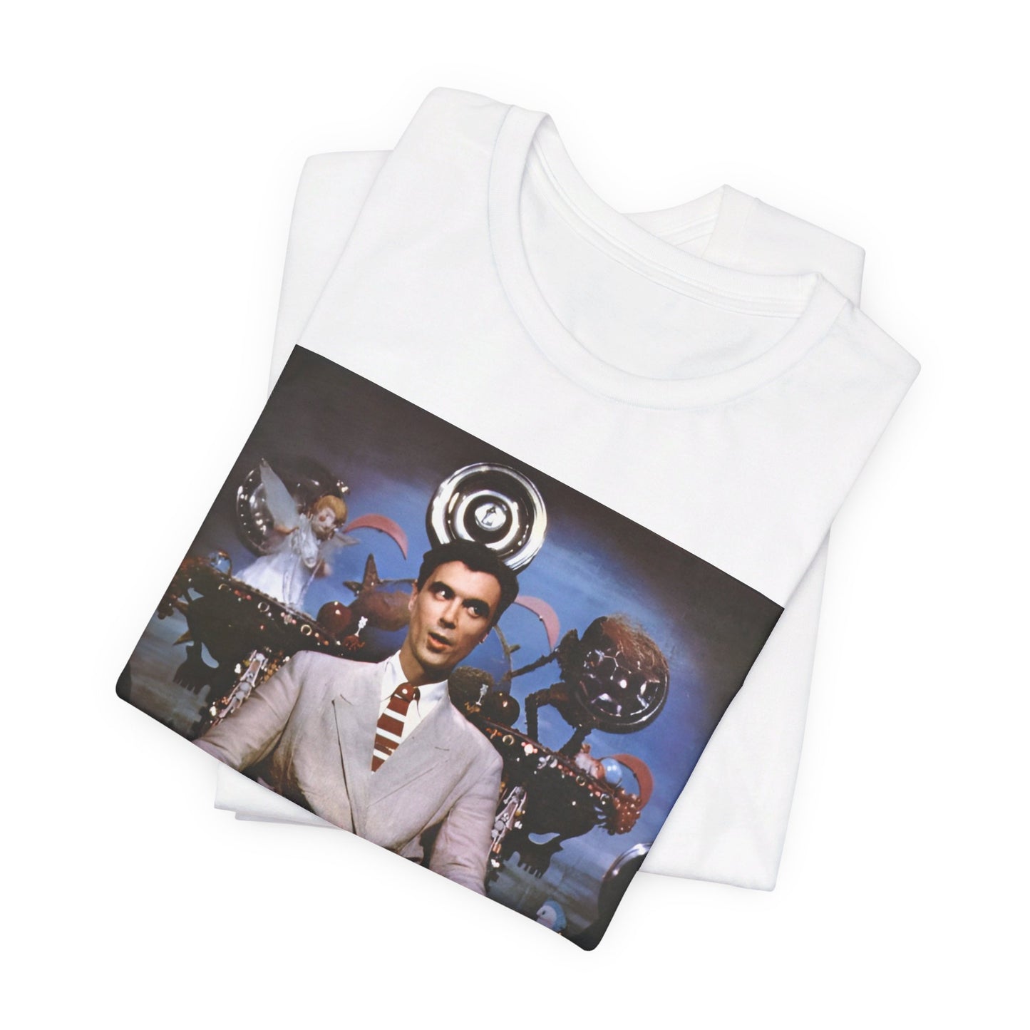 A black graphic t-shirt featuring a graphic related to Talking Heads' 'Psycho Killer' song or era.
