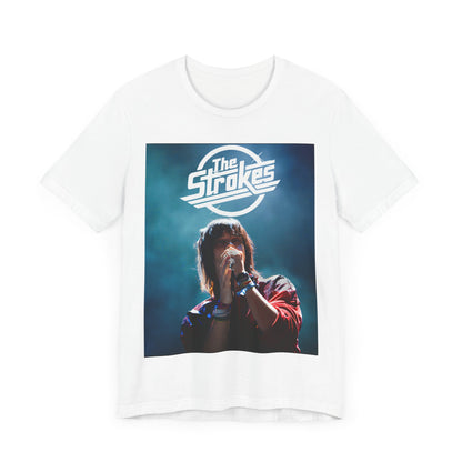 A black graphic t-shirt featuring a portrait or graphic of Julian Casablancas from The Strokes.