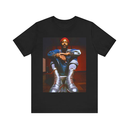 A black graphic t-shirt featuring a graphic of Marvin Gaye as the King of Motown soul legend.