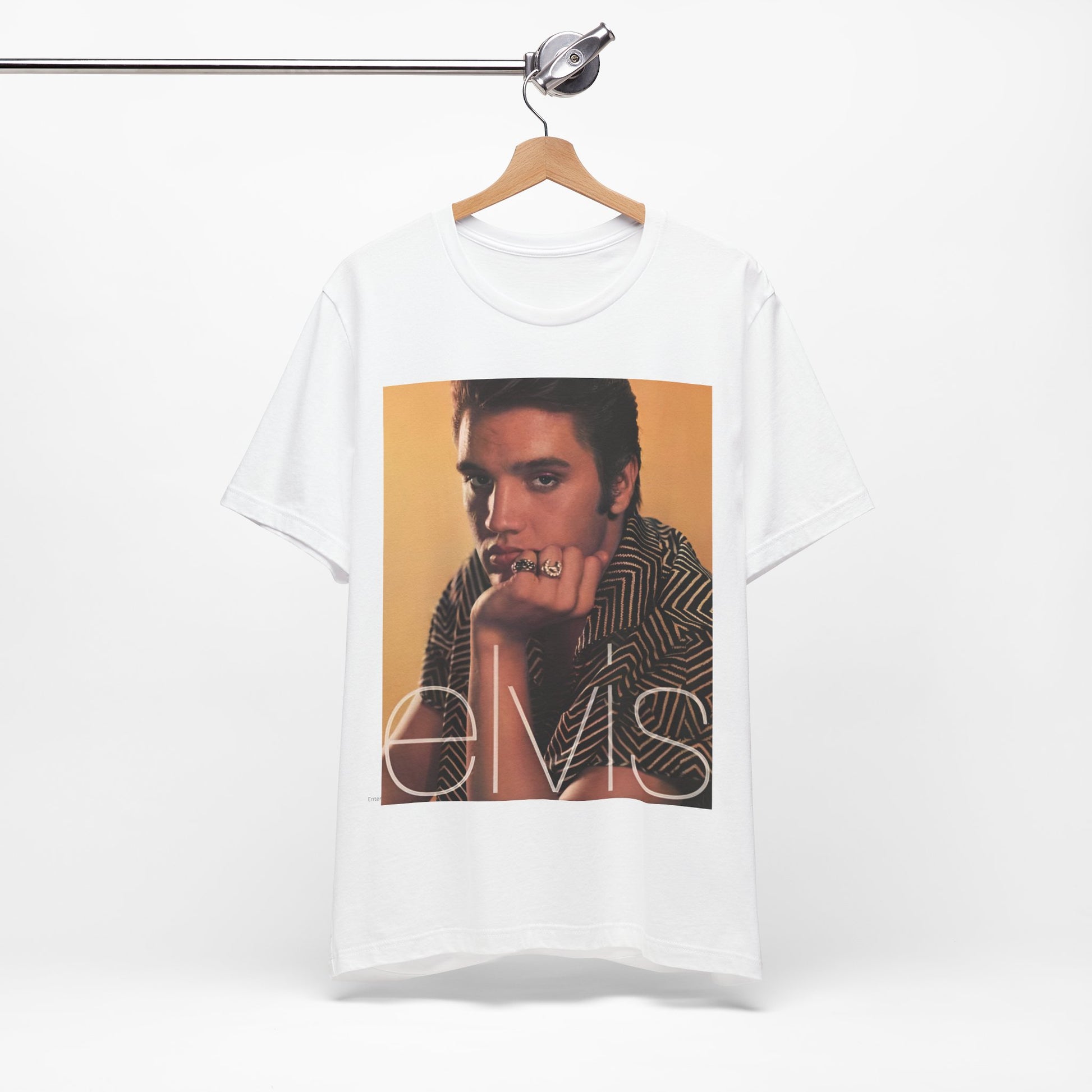 A black graphic t-shirt featuring an aesthetic photo portrait of Elvis Presley.