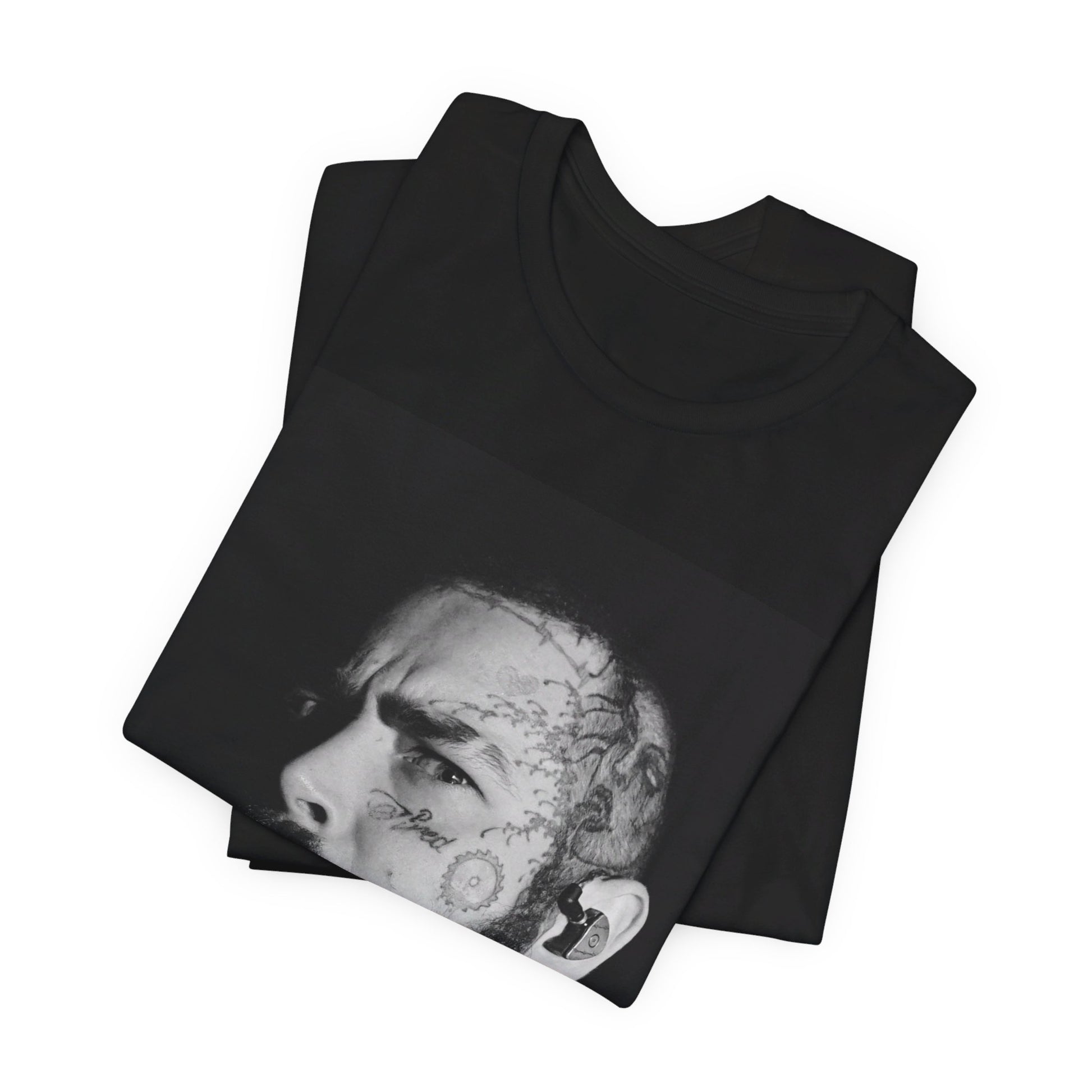 A black graphic t-shirt featuring a black and white portrait graphic of Post Malone.
