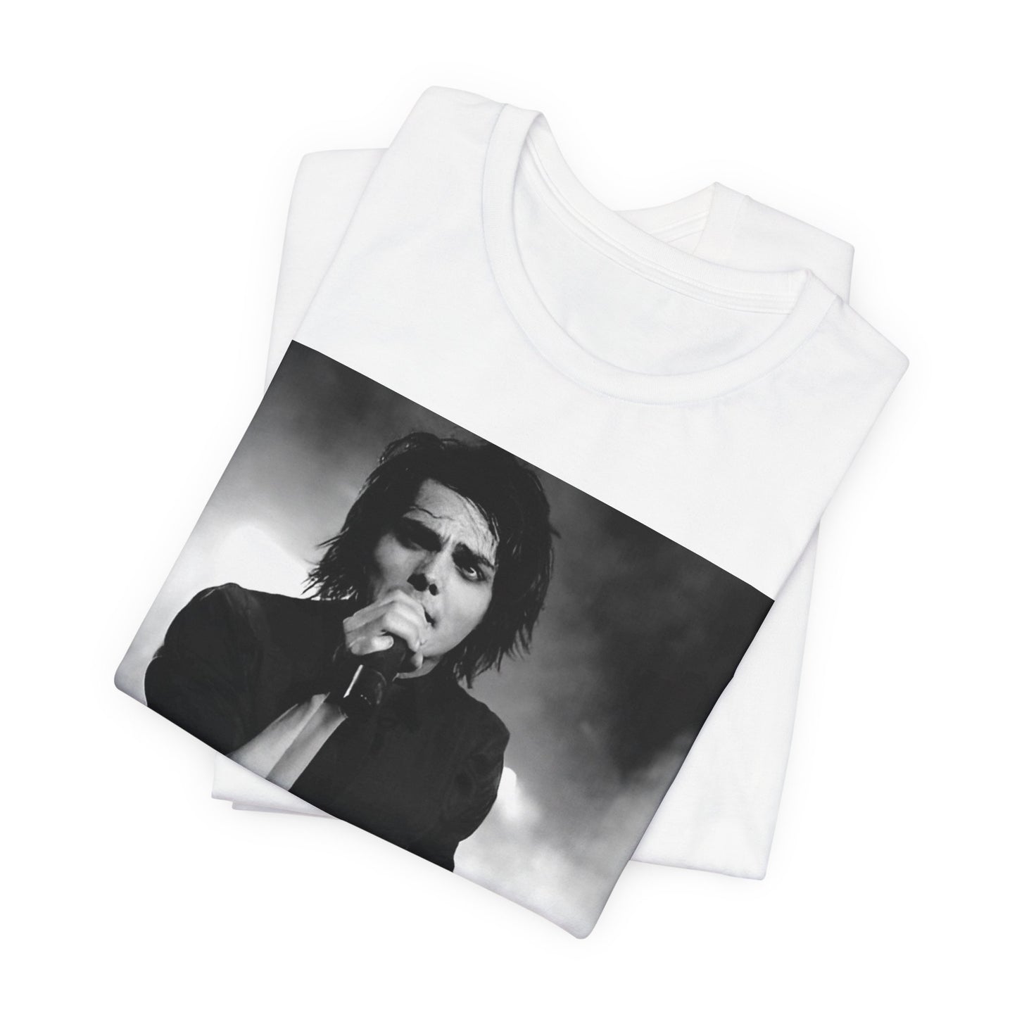 A black graphic t-shirt featuring a black and white graphic or photo of My Chemical Romance performing live in concert.