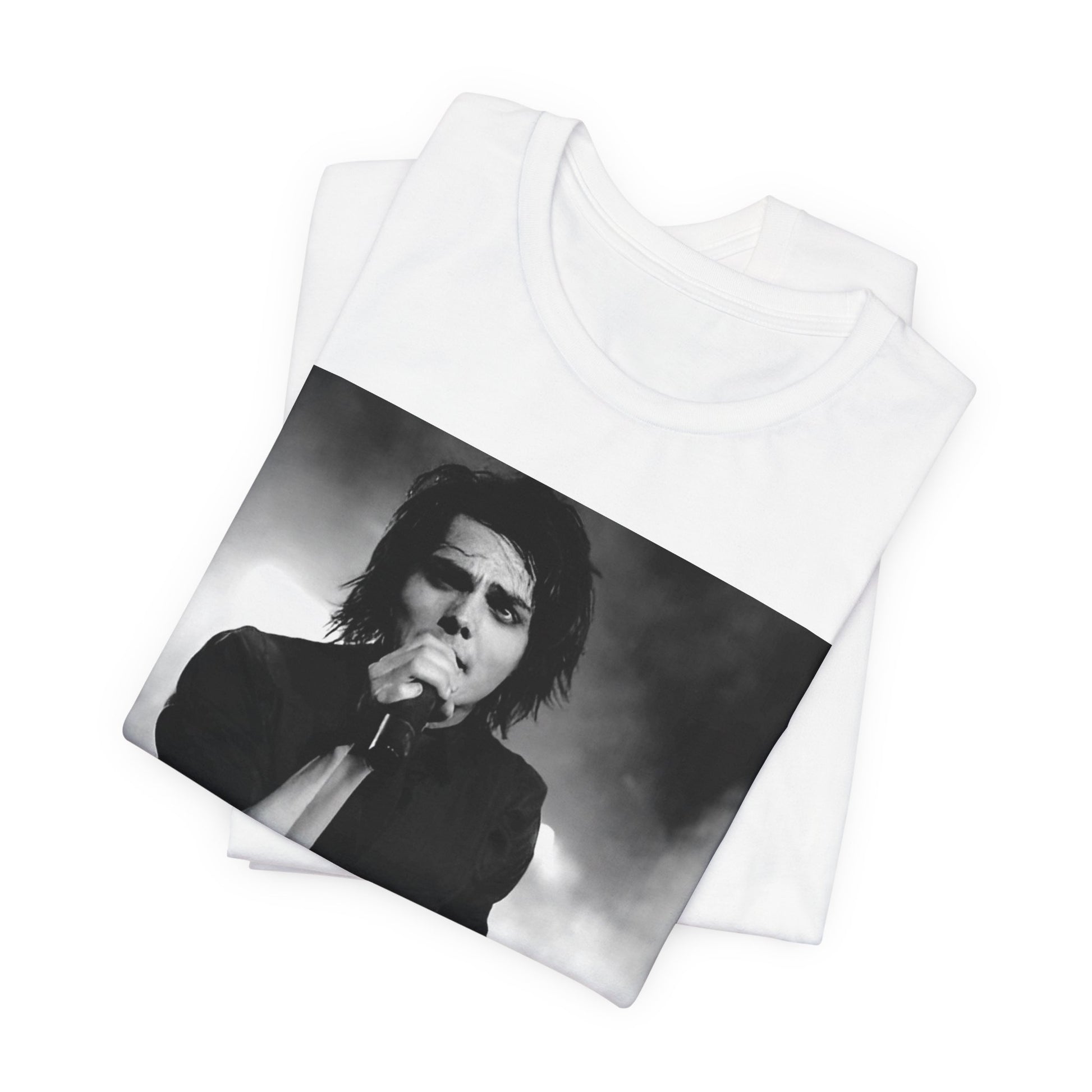 A black graphic t-shirt featuring a black and white graphic or photo of My Chemical Romance performing live in concert.