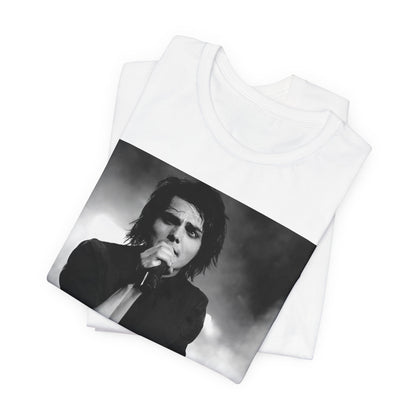 A black graphic t-shirt featuring a black and white graphic or photo of My Chemical Romance performing live in concert.