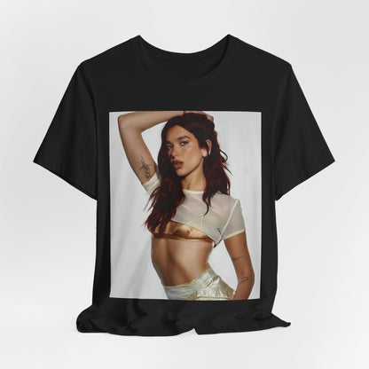 A black graphic t-shirt featuring a minimal graphic of Dua Lipa.