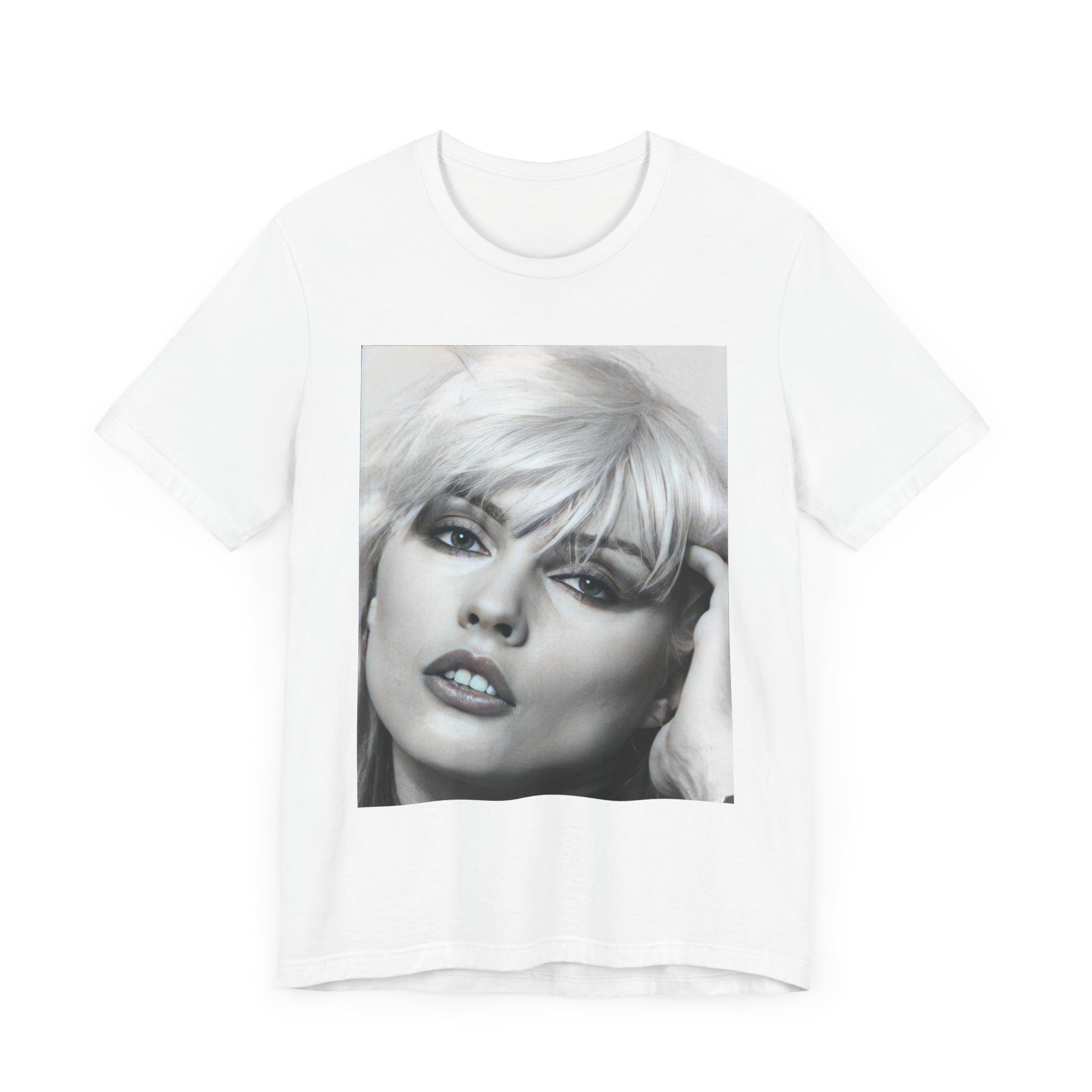 A black graphic t-shirt featuring an iconic black and white portrait photo of Debbie Harry from Blondie.