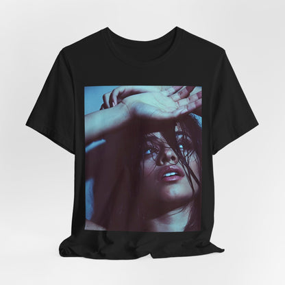 A black graphic t-shirt featuring a graphic related to Camila Cabello's "Señorita" song, possibly with dance-inspired elements.