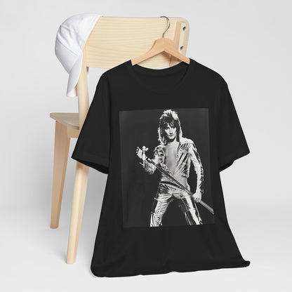 A black graphic t-shirt featuring a 70s black and white monochrome graphic or photo of Rod Stewart.