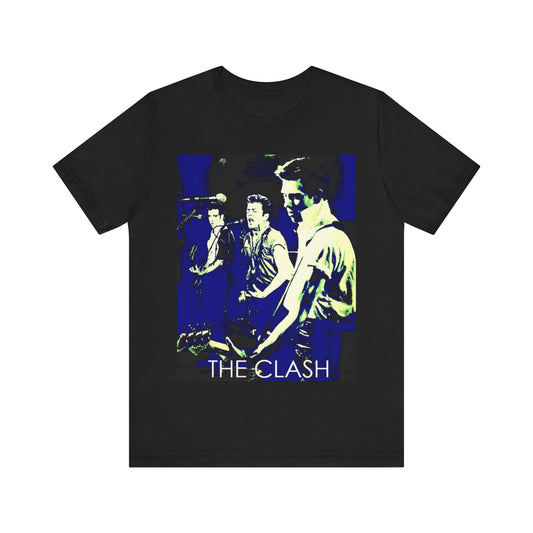 A black graphic t-shirt featuring a 70s aesthetic punk rock graphic of The Clash.