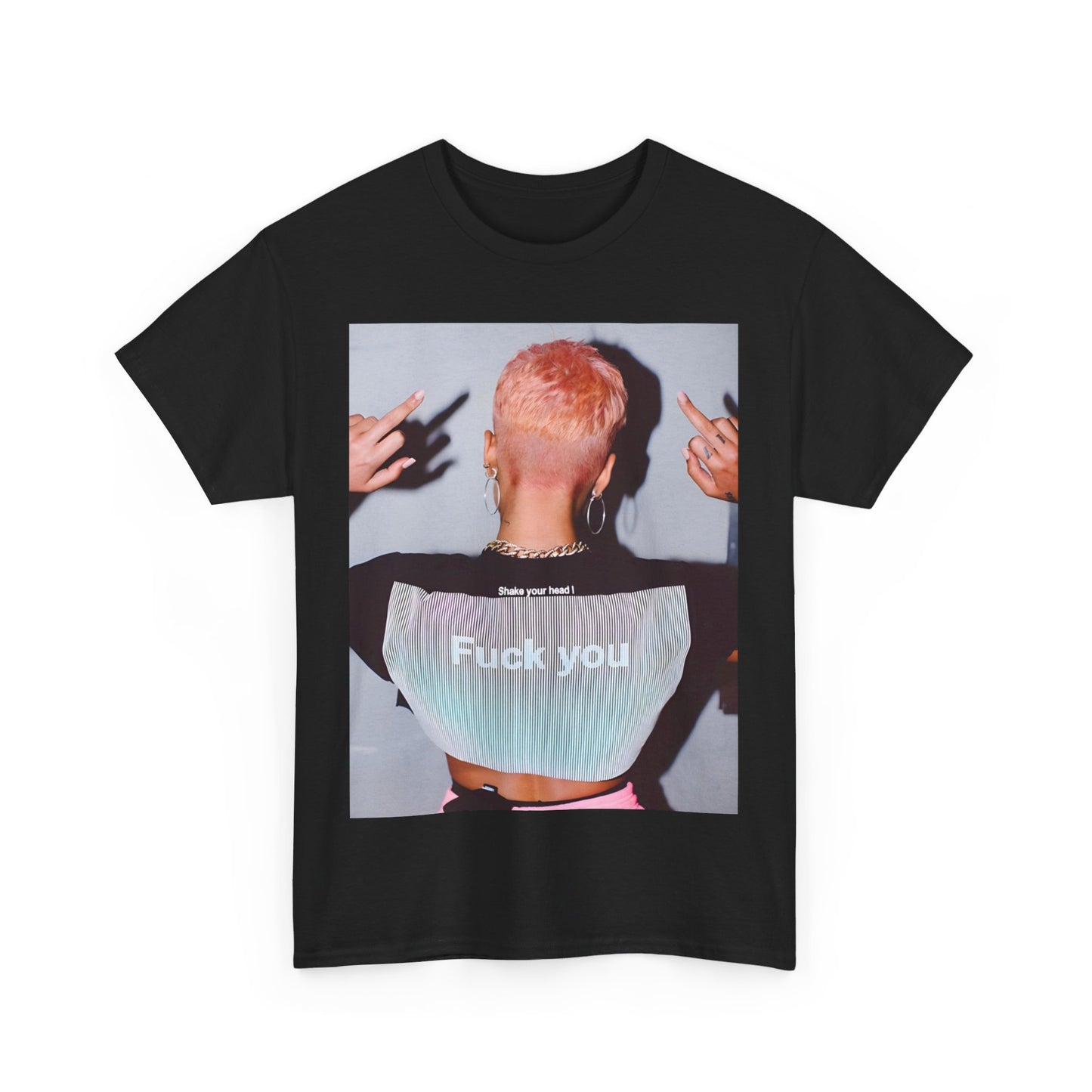 A black graphic t-shirt featuring a graphic of Halsey with text or imagery conveying "Fuck You."