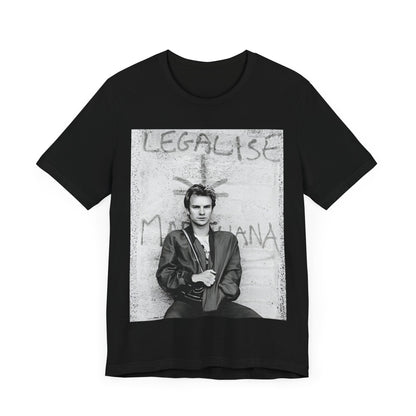 A black graphic t-shirt featuring a graphic of The Police with reggae-influenced pop elements.