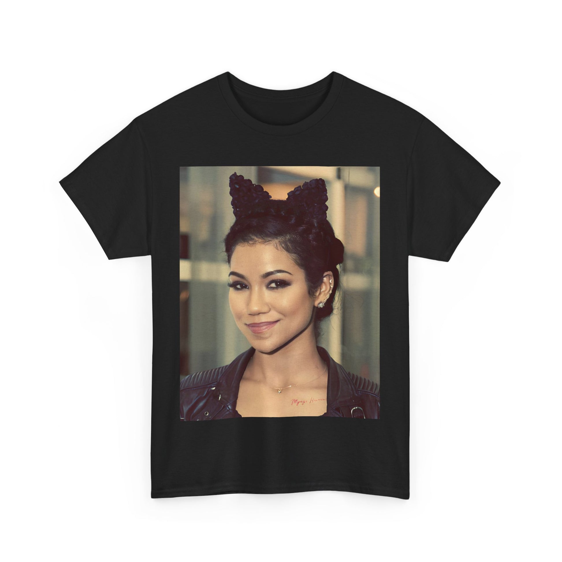 A black graphic t-shirt featuring a graphic of Jhene Aiko with a cool Los Angeles soul hip hop aesthetic.