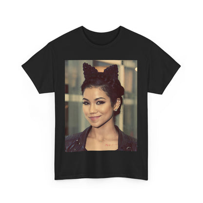 A black graphic t-shirt featuring a graphic of Jhene Aiko with a cool Los Angeles soul hip hop aesthetic.