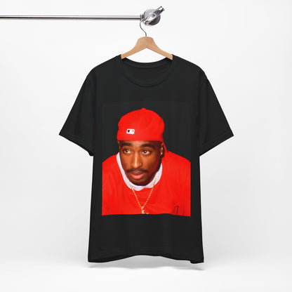 A black graphic t-shirt featuring a fierce graphic related to Tupac's 'California Love' song or era.