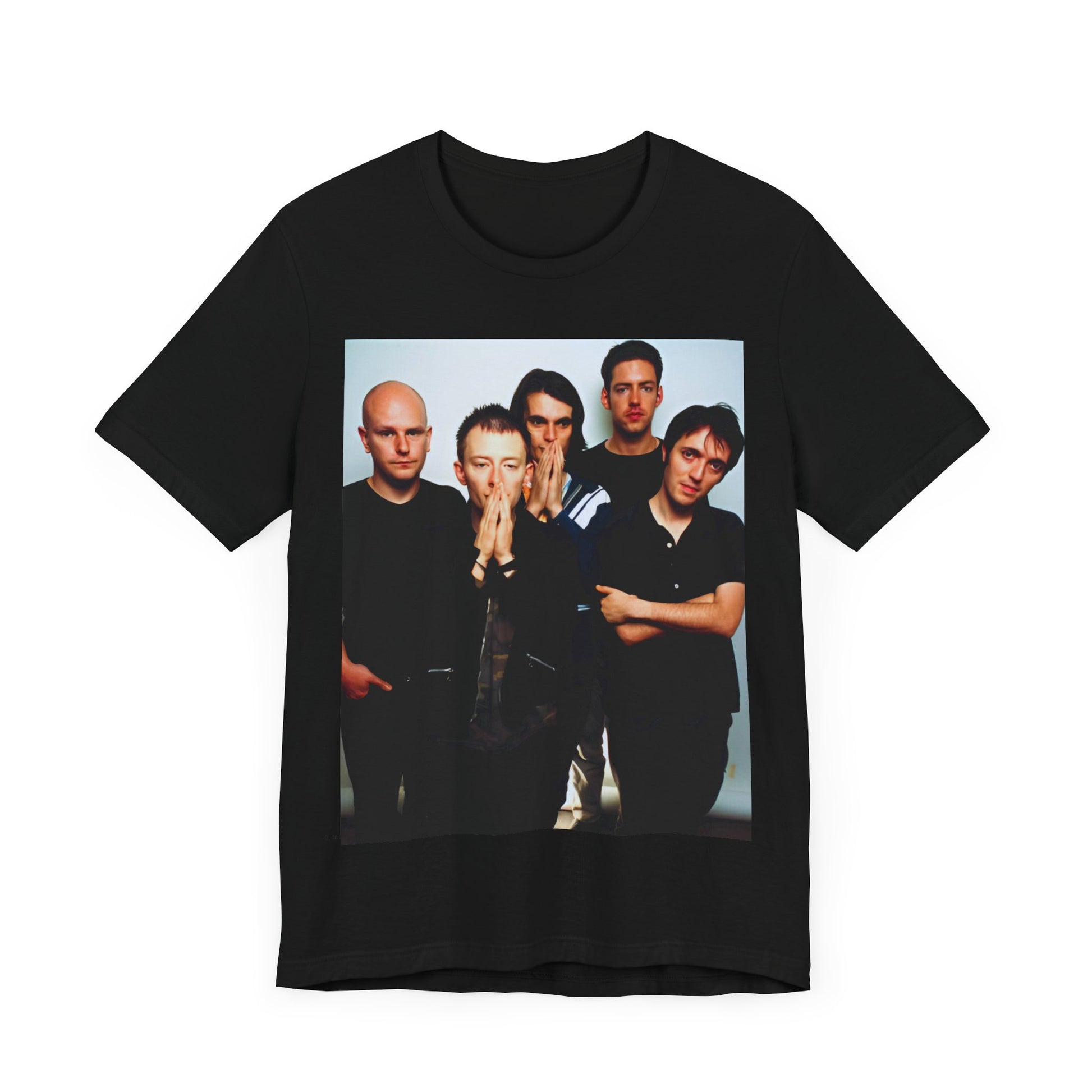 A black graphic t-shirt featuring a bold alt rock superstar graphic of Radiohead.