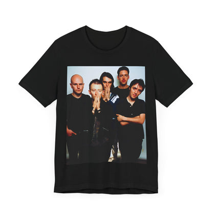 A black graphic t-shirt featuring a bold alt rock superstar graphic of Radiohead.