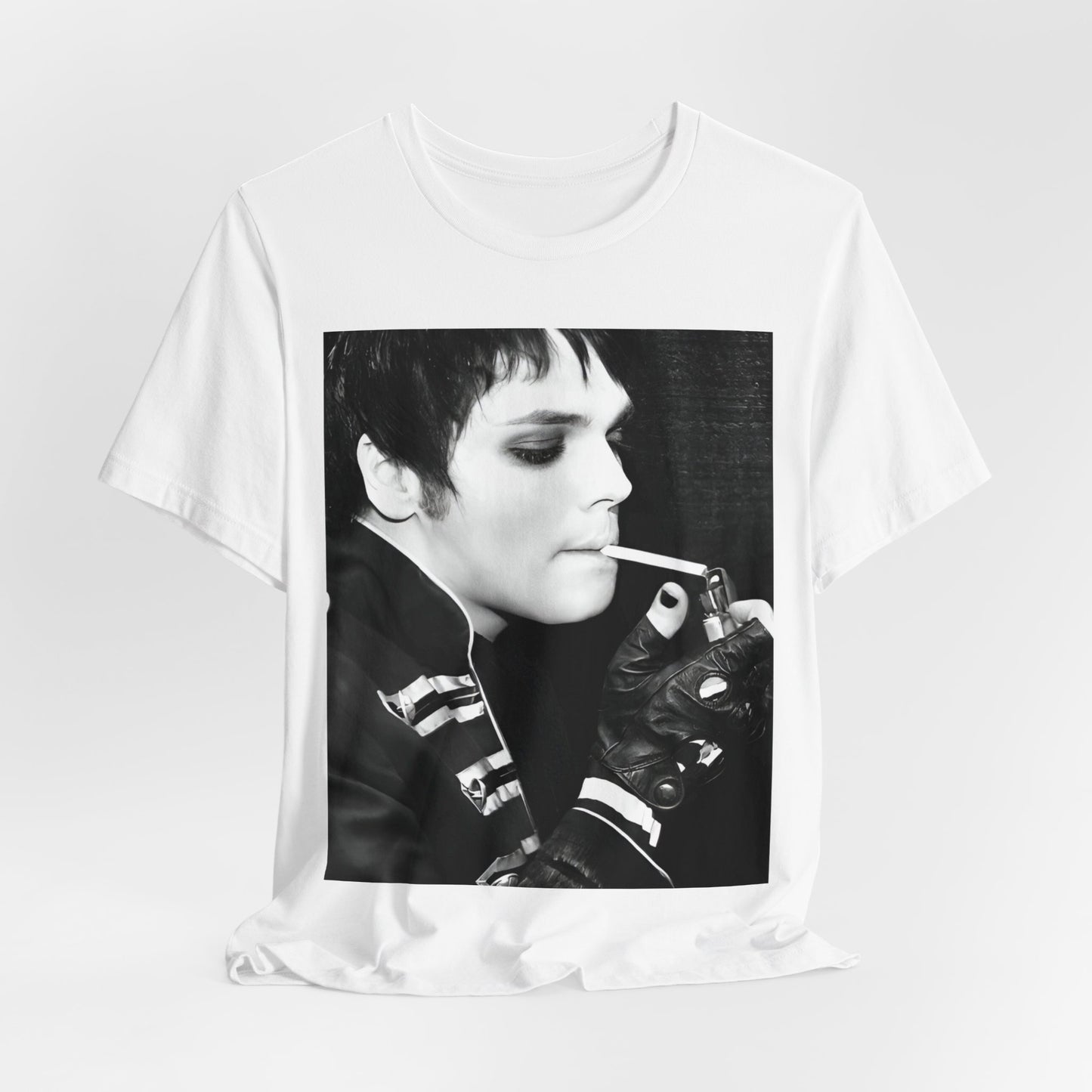 A black graphic t-shirt featuring a black and white graphic or photo of My Chemical Romance in a backstage setting.