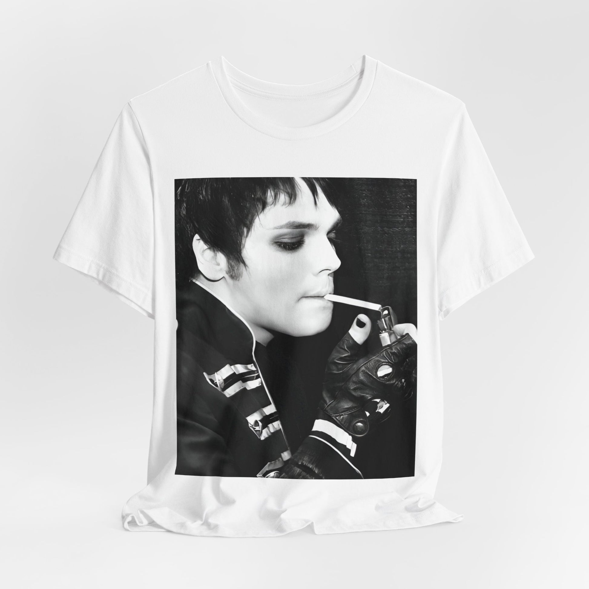 A black graphic t-shirt featuring a black and white graphic or photo of My Chemical Romance in a backstage setting.