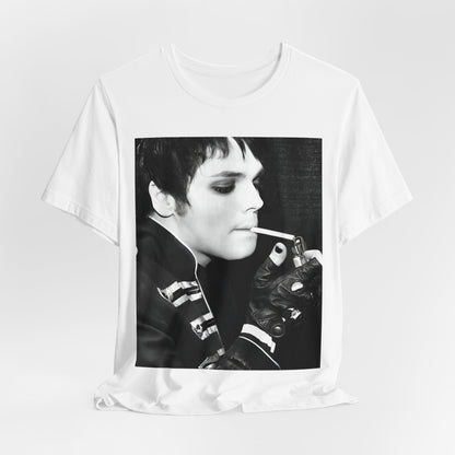 A black graphic t-shirt featuring a black and white graphic or photo of My Chemical Romance in a backstage setting.