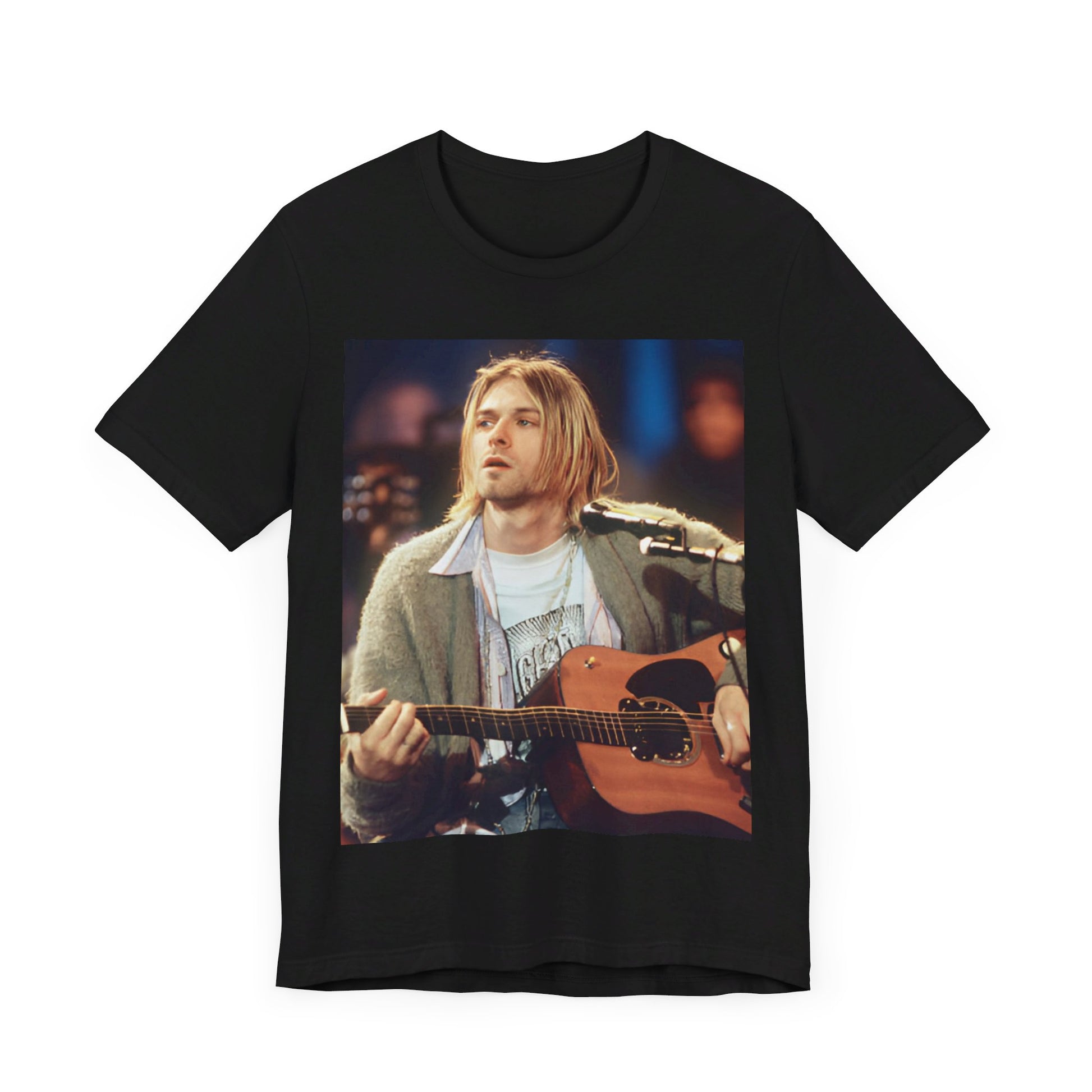 A black graphic t-shirt featuring a graphic related to Nirvana's 1994 Unplugged performance.