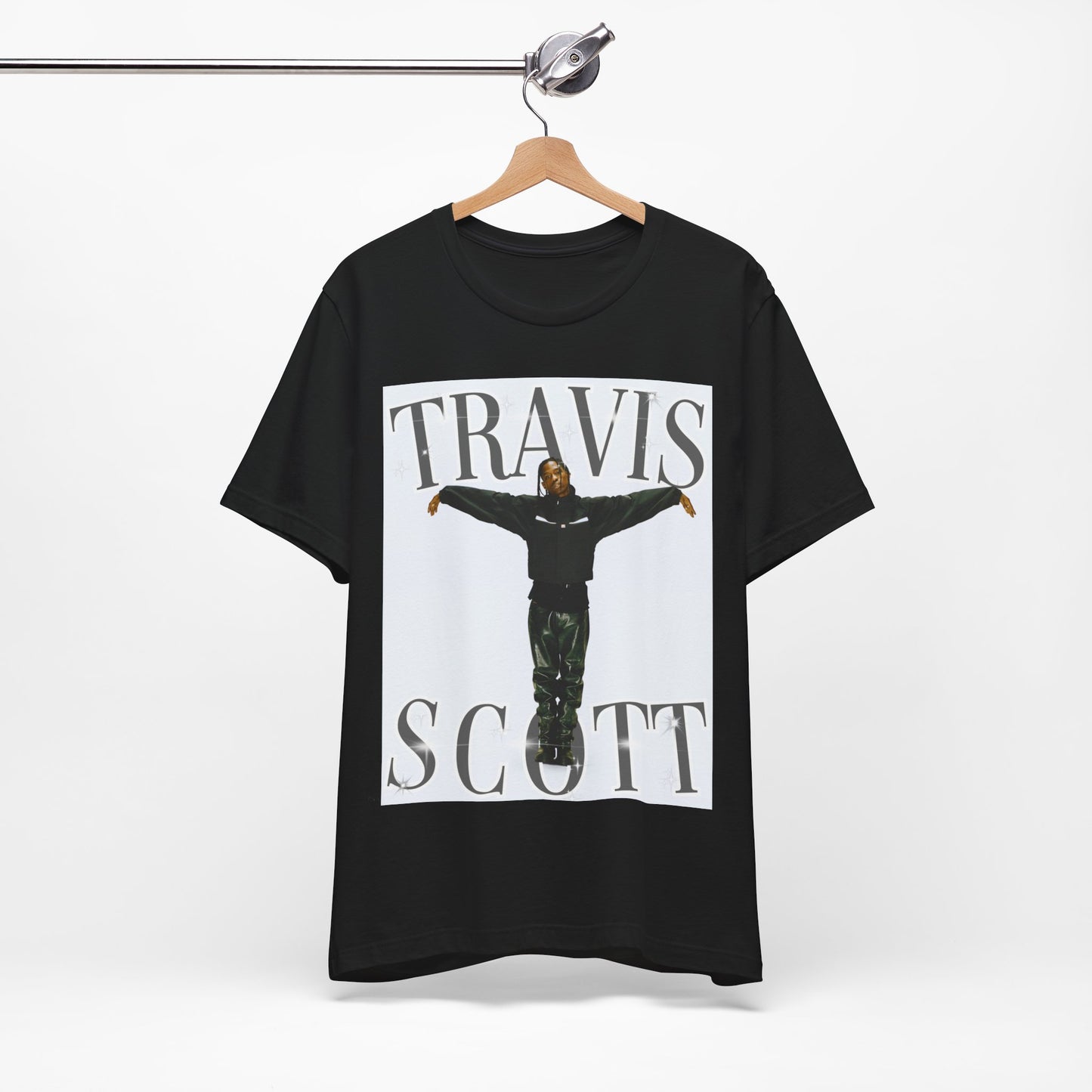 A black graphic t-shirt featuring a cool streetwear icon graphic of Travis Scott.