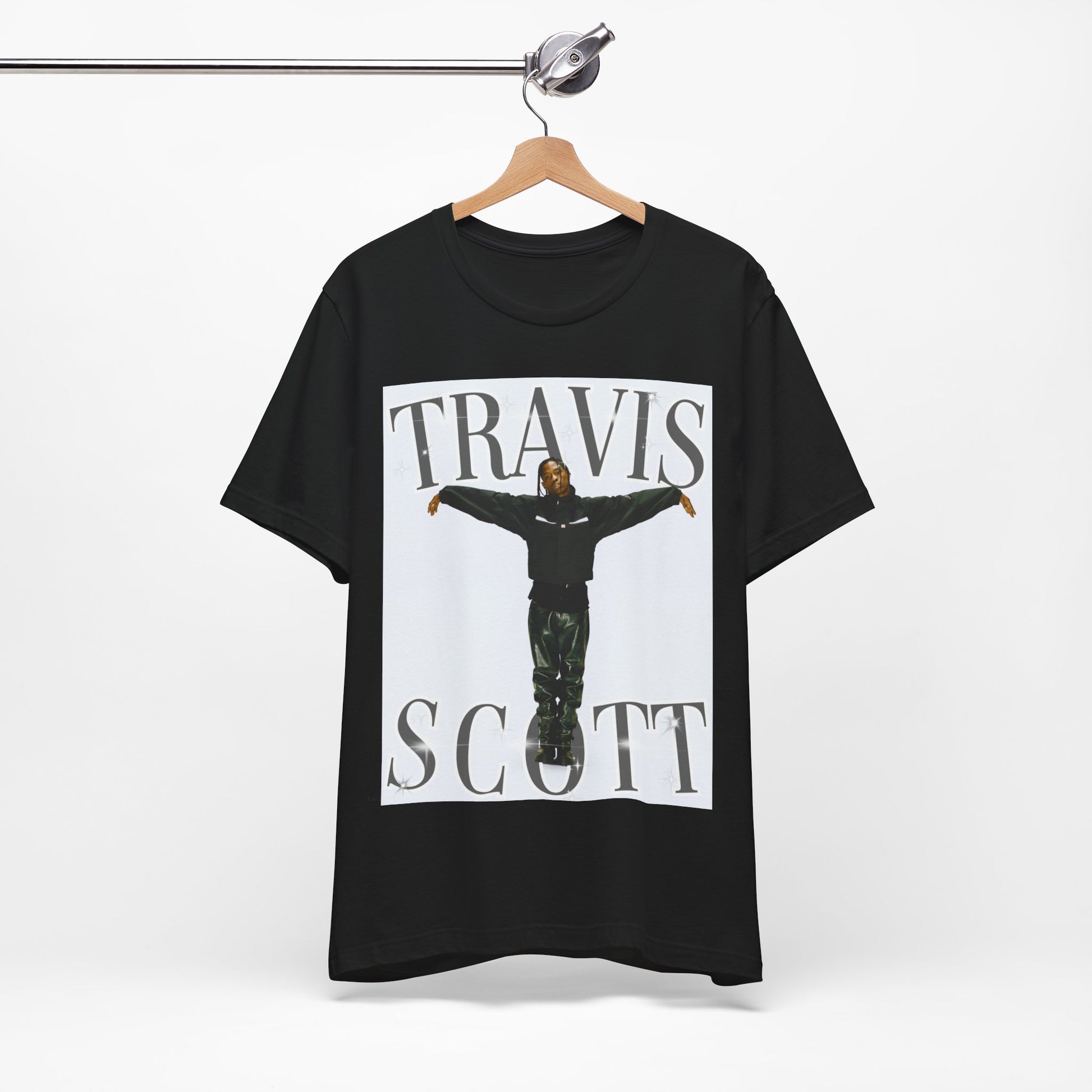 A black graphic t-shirt featuring a cool streetwear icon graphic of Travis Scott.