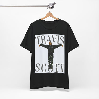 A black graphic t-shirt featuring a cool streetwear icon graphic of Travis Scott.