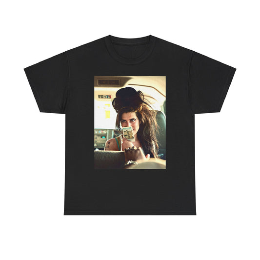 A black graphic t-shirt featuring a chaotic or candid graphic of Amy Winehouse offstage, capturing her intense or expressive moments.