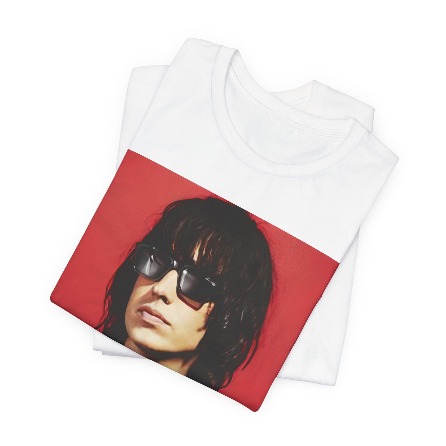 A black graphic t-shirt featuring a 2000s indie aesthetic graphic of Julian Casablancas from The Strokes.