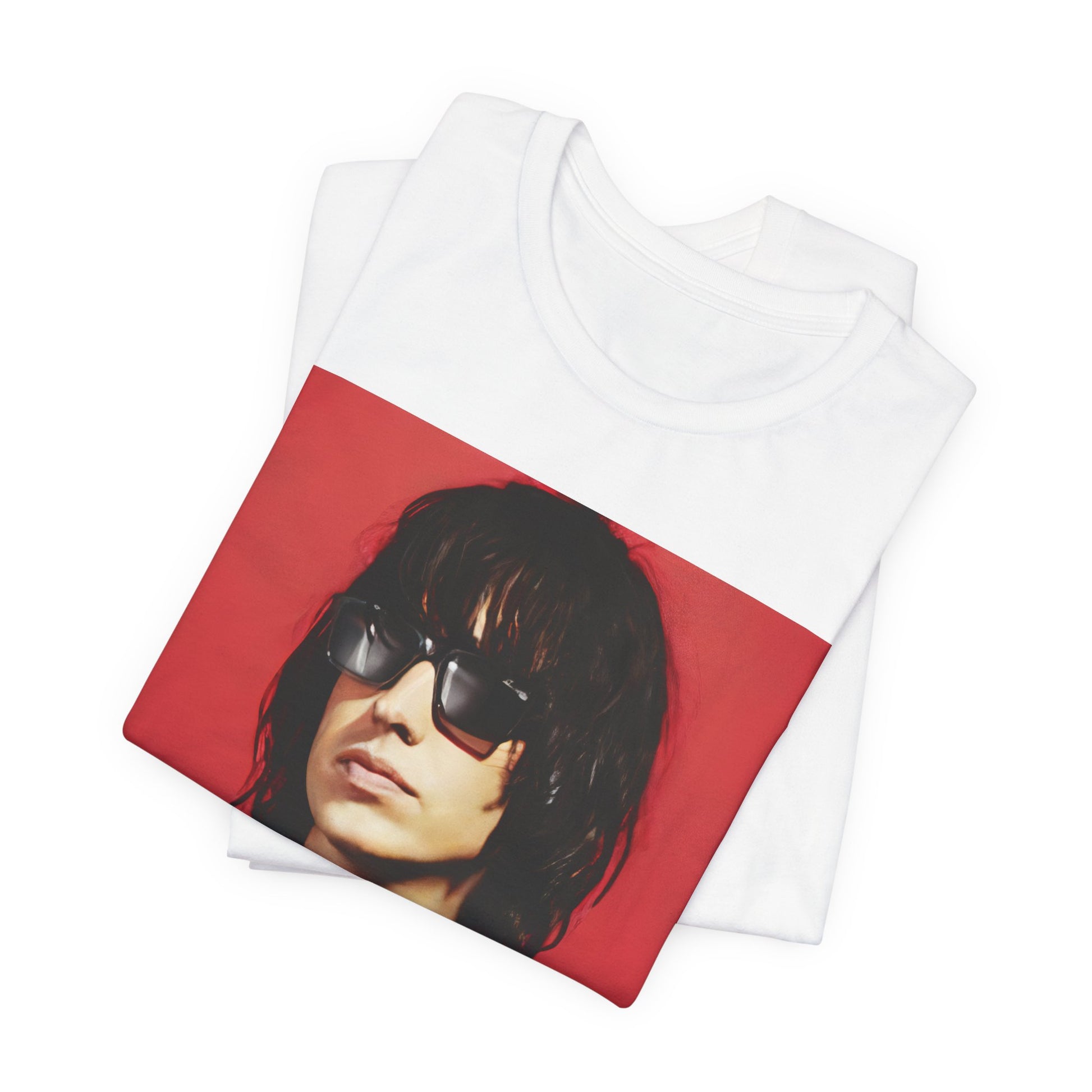 A black graphic t-shirt featuring a 2000s indie aesthetic graphic of Julian Casablancas from The Strokes.