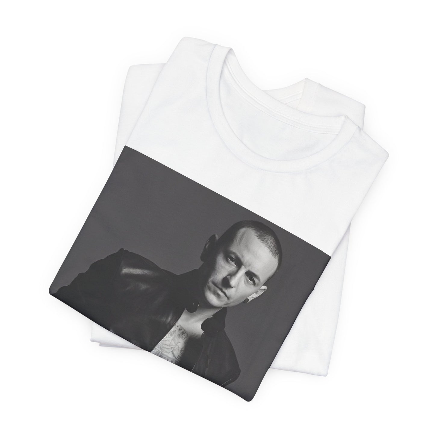 A black graphic t-shirt featuring a graphic of Chester Bennington from Linkin Park as a rock icon.