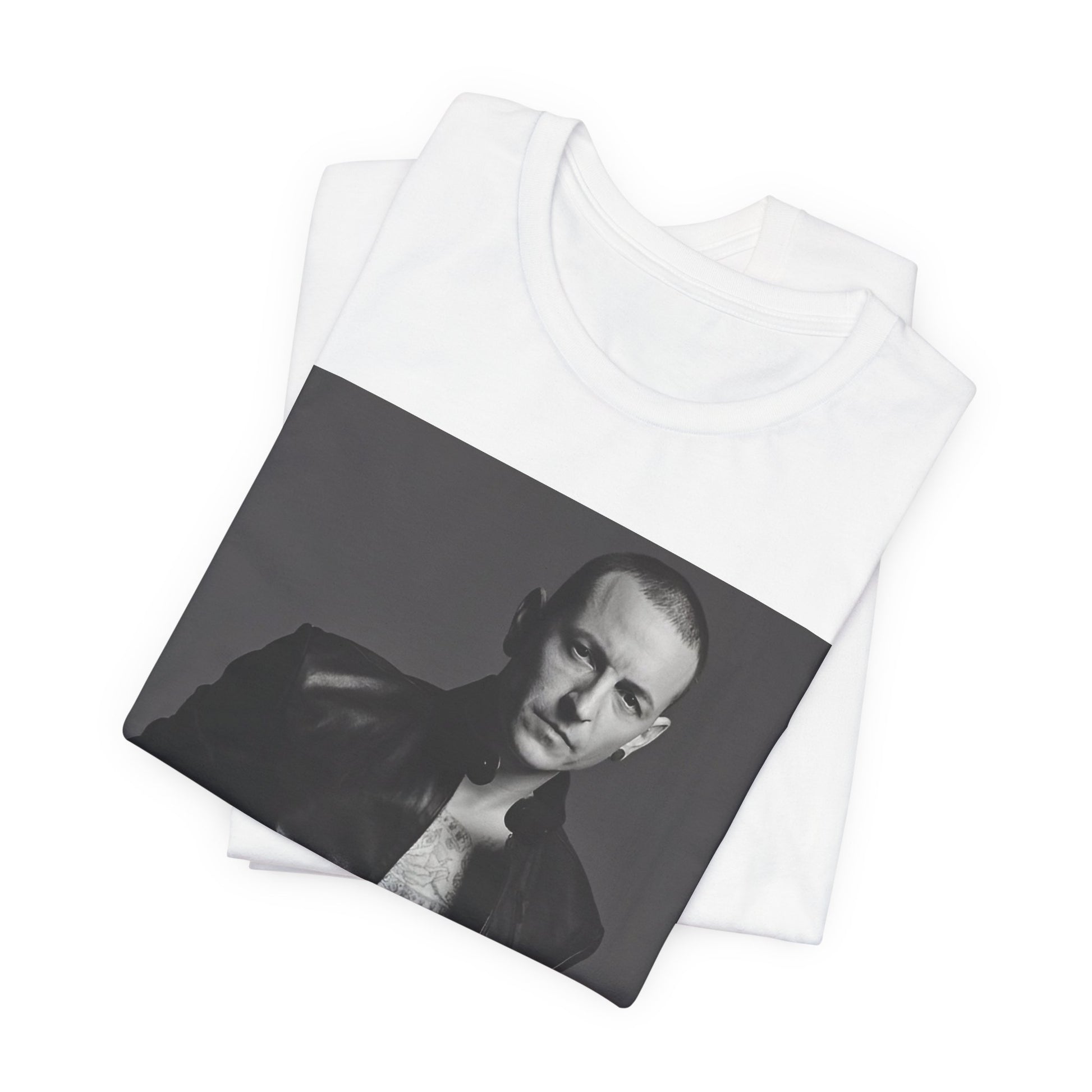 A black graphic t-shirt featuring a graphic of Chester Bennington from Linkin Park as a rock icon.