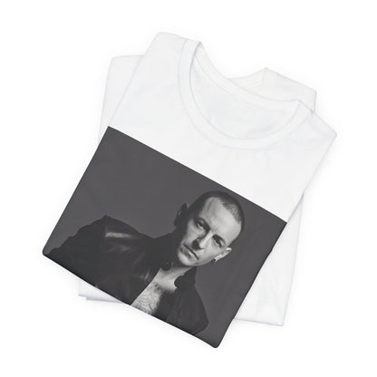 A black graphic t-shirt featuring a graphic of Chester Bennington from Linkin Park as a rock icon.