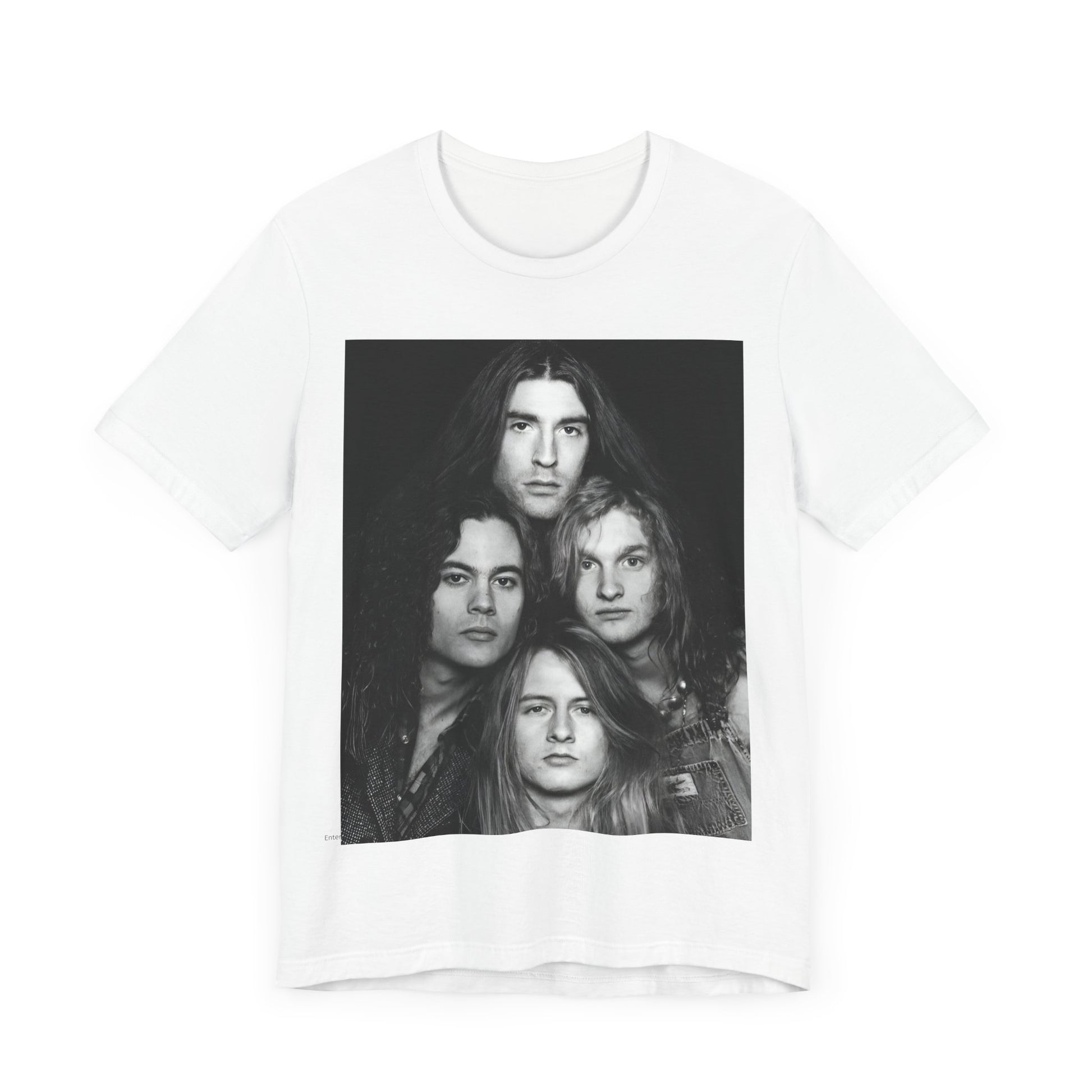 A black graphic t-shirt featuring a black and white graphic related to Alice In Chains' 90s 'Facelift' album era, possibly with band members in a stylized design.