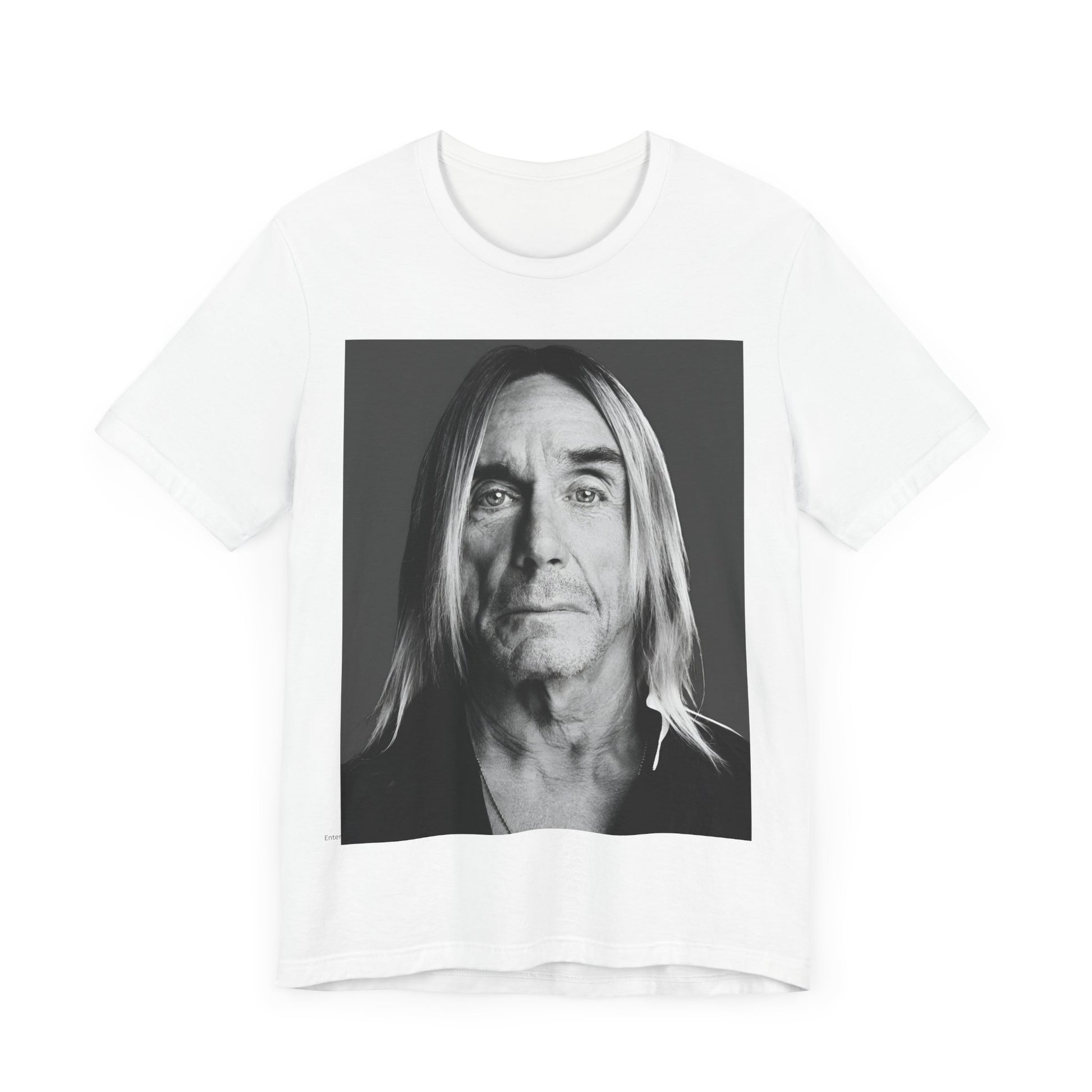 A black graphic t-shirt featuring a black and white portrait photo of Iggy Pop.