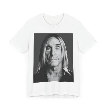 A black graphic t-shirt featuring a black and white portrait photo of Iggy Pop.