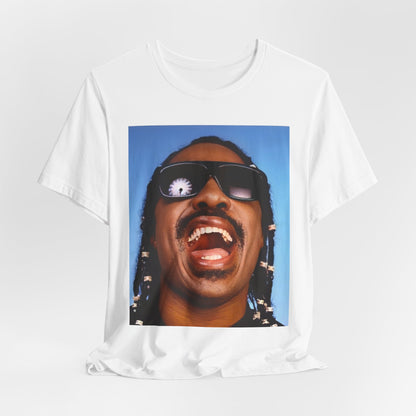 A black graphic t-shirt featuring a bold soul superstar graphic of Stevie Wonder.