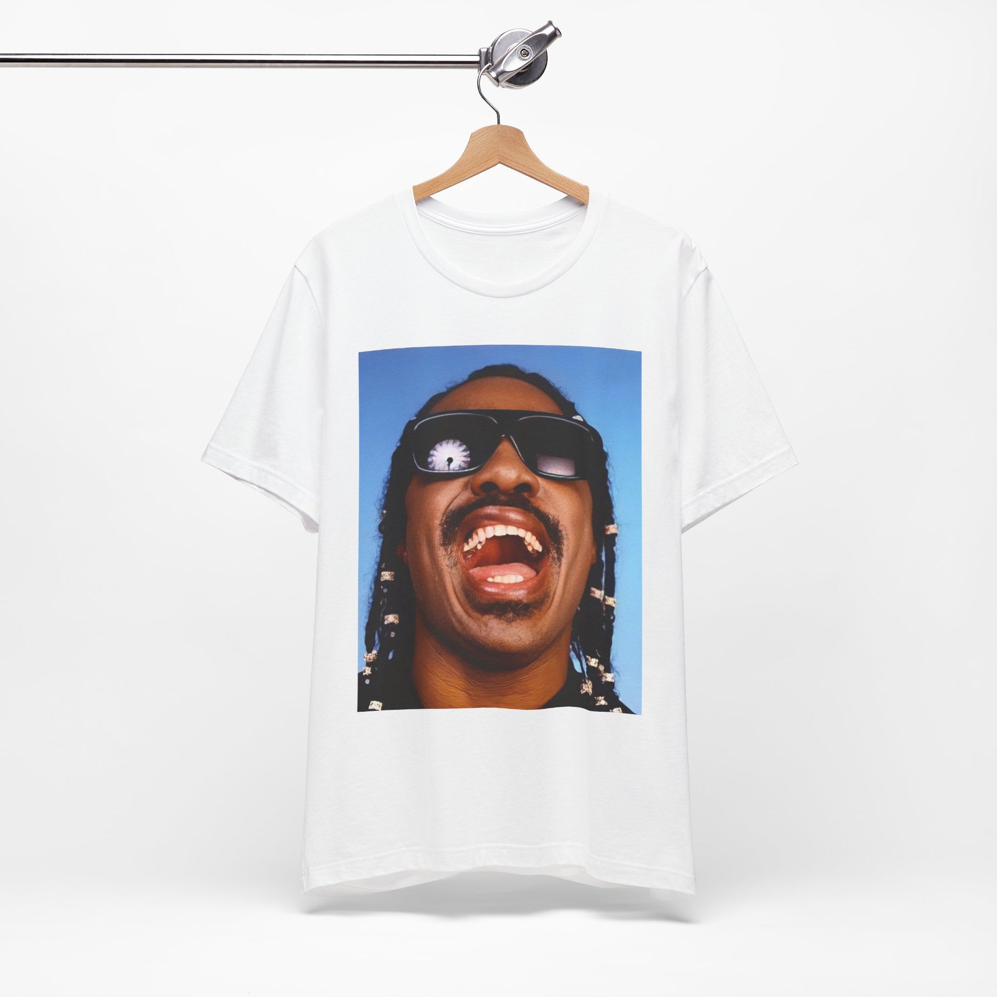 A black graphic t-shirt featuring a bold soul superstar graphic of Stevie Wonder.