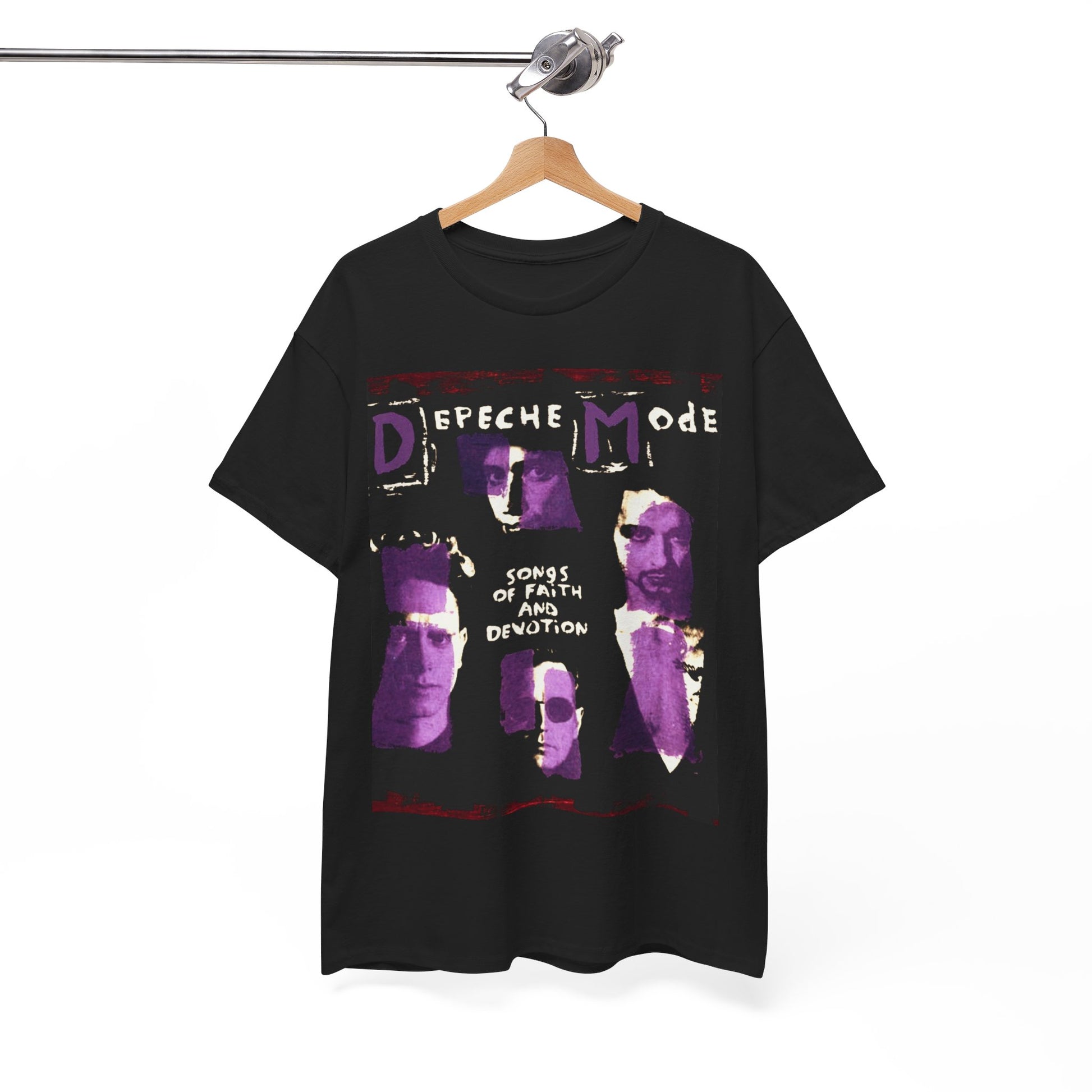A black graphic t-shirt featuring a graphic related to Depeche Mode's 'Songs of Faith and Devotion' album.