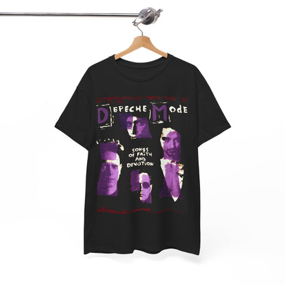 A black graphic t-shirt featuring a graphic related to Depeche Mode's 'Songs of Faith and Devotion' album.