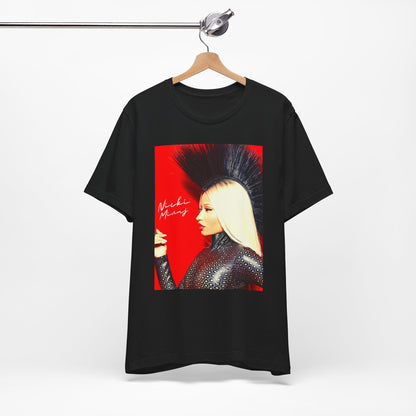 A black graphic t-shirt featuring a graphic of Nicki Minaj as a female rap pioneer.