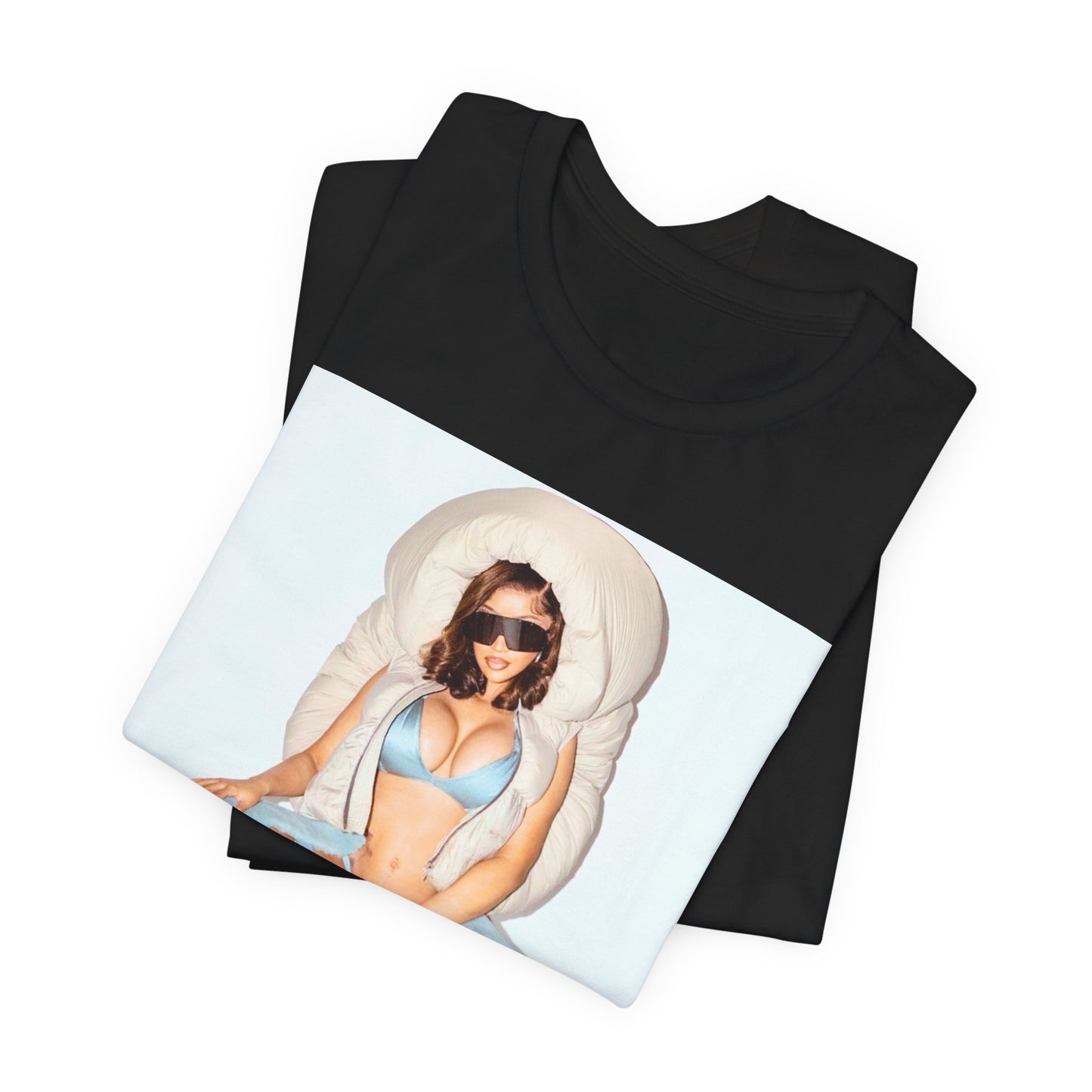 A black graphic t-shirt featuring a glamorous photo portrait of Cardi B.