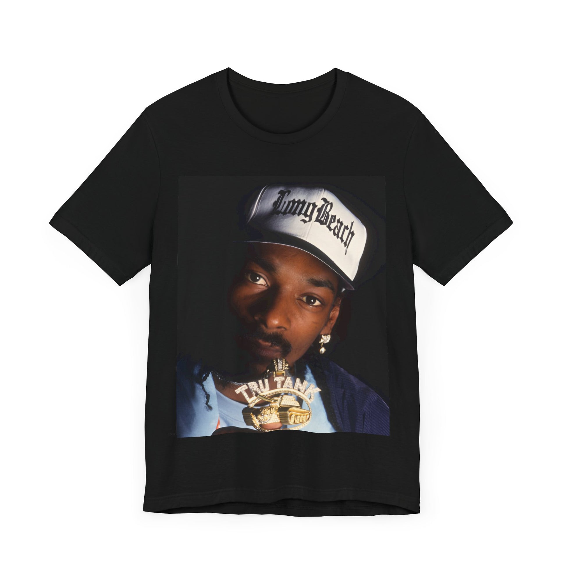 A black graphic t-shirt featuring a graphic of Snoop Dogg as a powerhouse OG rapper.