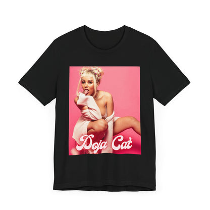 A black graphic t-shirt featuring a graphic related to Doja Cat's 'Woman' song or era.