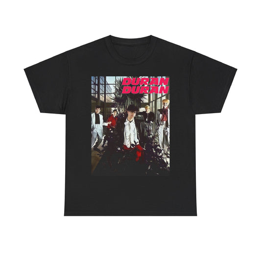 A black graphic t-shirt featuring a graphic of Duran Duran with a chill 80s pop vibe.